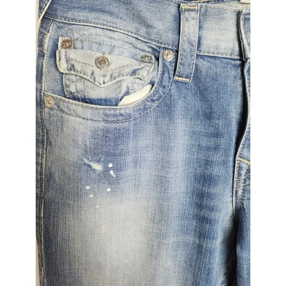 True Religion Mens Ricky Relaxed Straight Flap Jeans sz 32×33 factory distressed